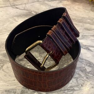 Women’s Joan & David Brown Crocodile Embossed Leather Belt, M, Brass Buckle